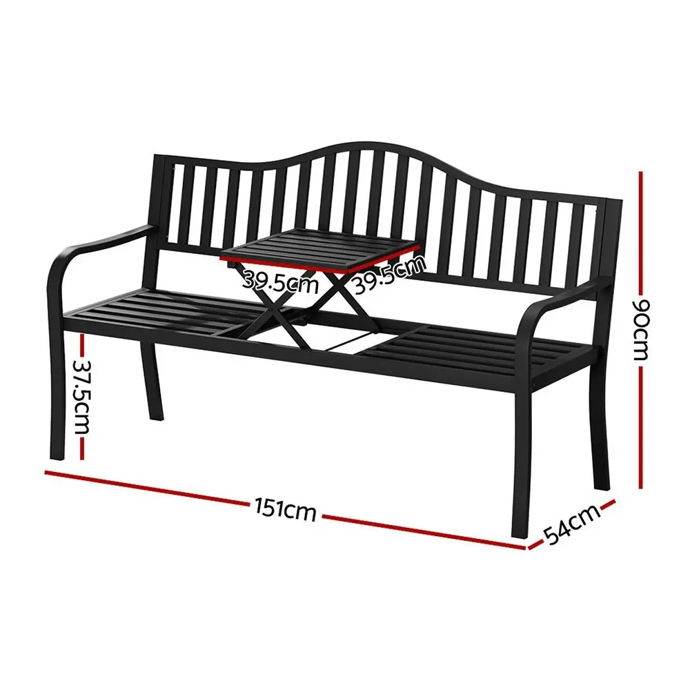 Gardeon Outdoor Garden Bench Seat Loveseat Steel Foldable Table Patio Furniture Black