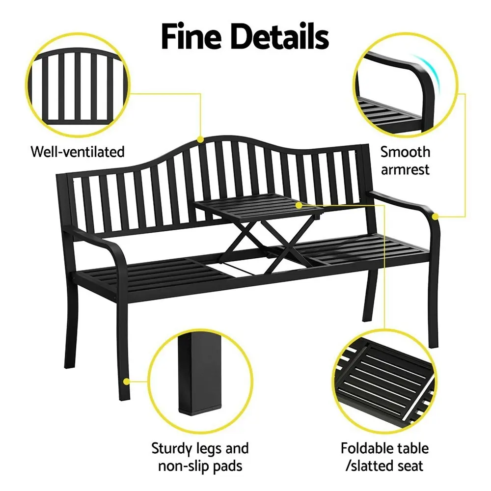 Gardeon Outdoor Garden Bench Seat Loveseat Steel Foldable Table Patio Furniture Black