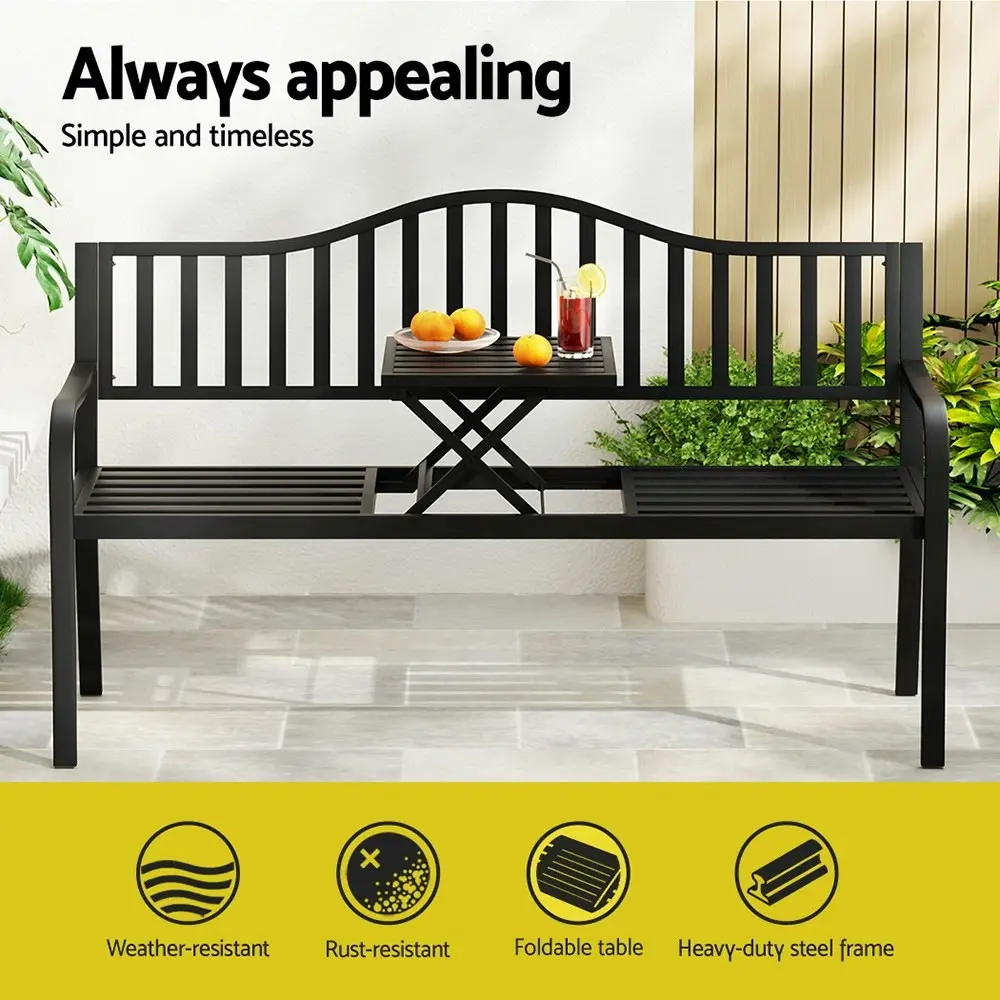 Gardeon Outdoor Garden Bench Seat Loveseat Steel Foldable Table Patio Furniture Black