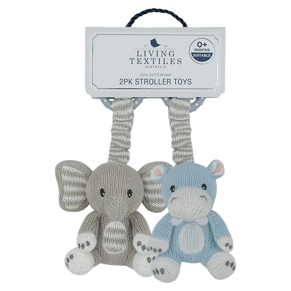 2pc Living Textiles Baby/Newborn Cotton Knitted Stroller Toys Elephant & Hippo