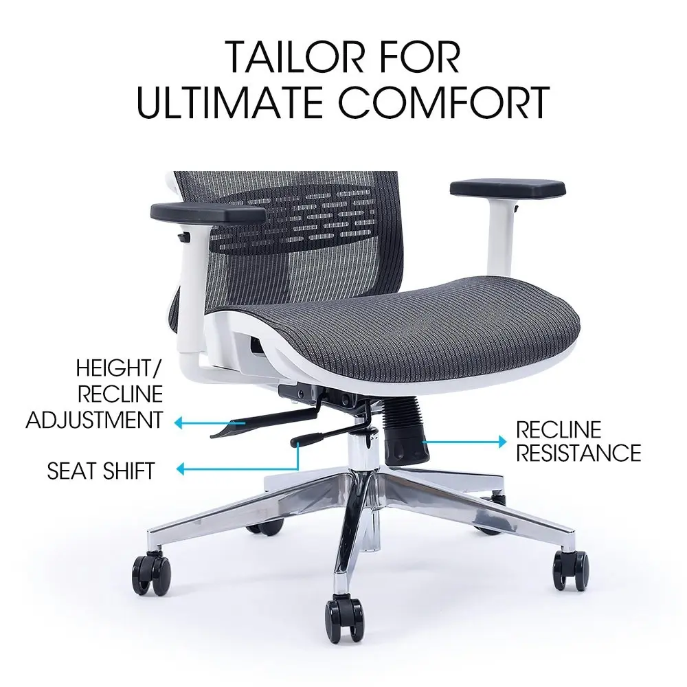 Fortia Ergonomic Office Desk Chair, Coolmesh Fabric, Headrest, Adjustable Lumbar Support, Armrests and Recline, Dark Grey Mesh/White Frame