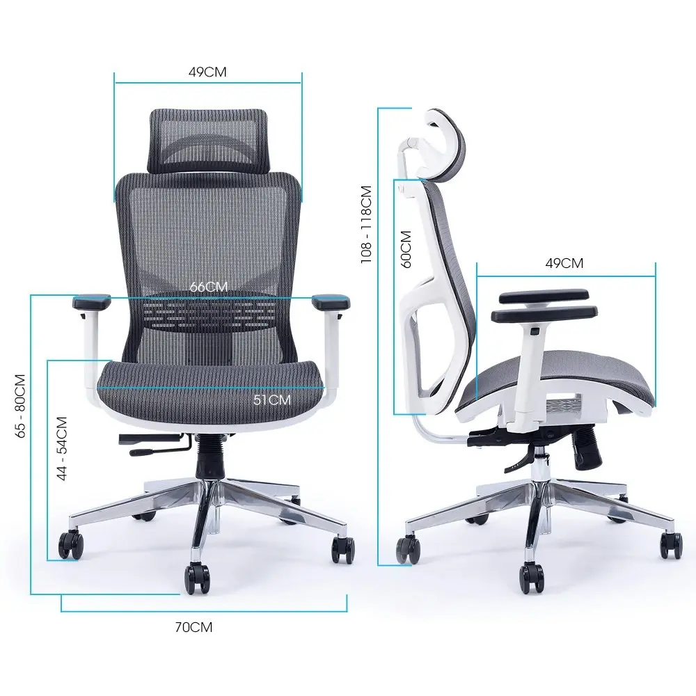 Fortia Ergonomic Office Desk Chair, Coolmesh Fabric, Headrest, Adjustable Lumbar Support, Armrests and Recline, Dark Grey Mesh/White Frame