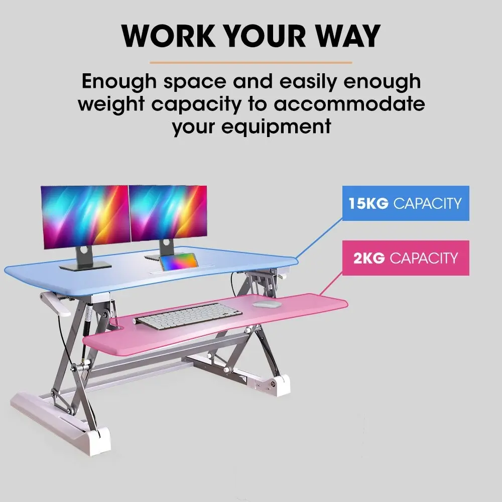 Fortia Desk Riser 90cm Wide Adjustable Sit to Stand, for Dual Monitor, Keyboard, Laptop, White