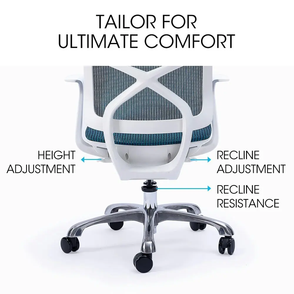 Fortia Ergonomic Office Desk Chair, Coolmesh Fabric, Adjustable Recline, Blue Mesh/White Frame