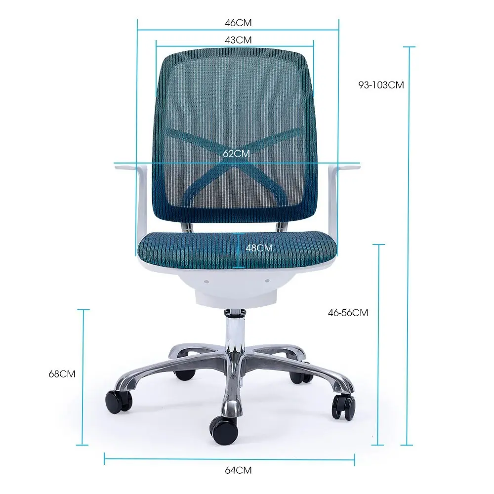 Fortia Ergonomic Office Desk Chair, Coolmesh Fabric, Adjustable Recline, Blue Mesh/White Frame