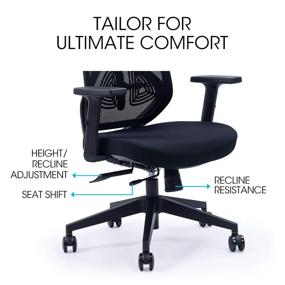 Fortia Ergonomic Office Desk Chair, with Adjustable Lumbar Support and Headrest, Black Mesh/Black Frame