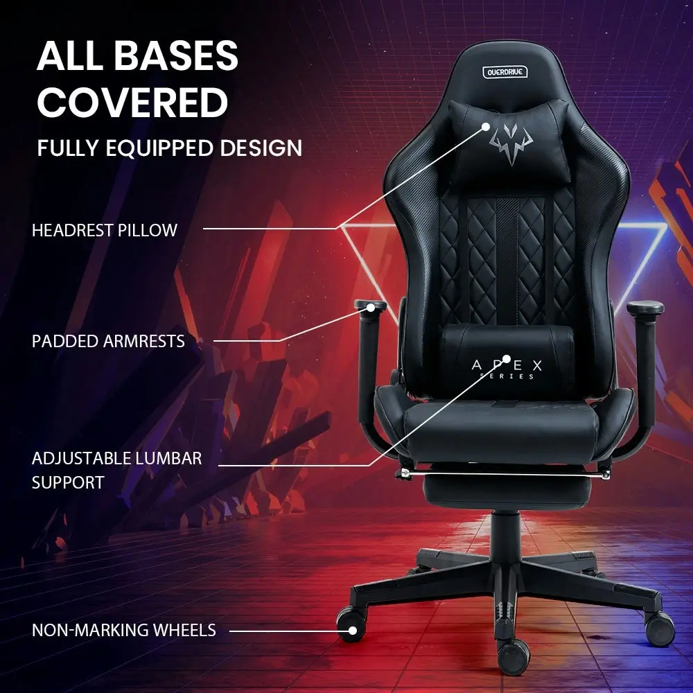 Overdrive Gaming Office Desk and Chair, LED-FX Light Effects, USB Outlets, Headset Hanger, Cup Holder and Footrest, Black