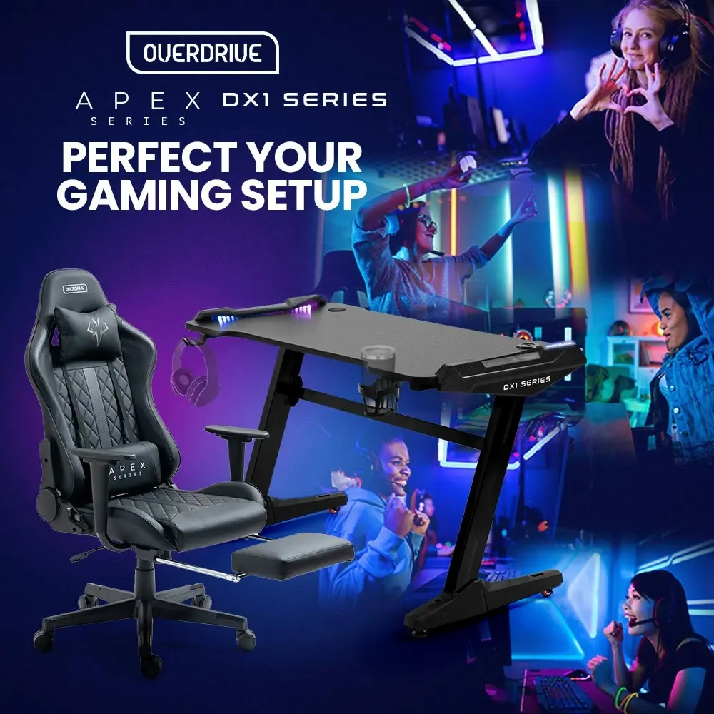 Overdrive Gaming Office Desk and Chair, LED-FX Light Effects, USB Outlets, Headset Hanger, Cup Holder and Footrest, Black