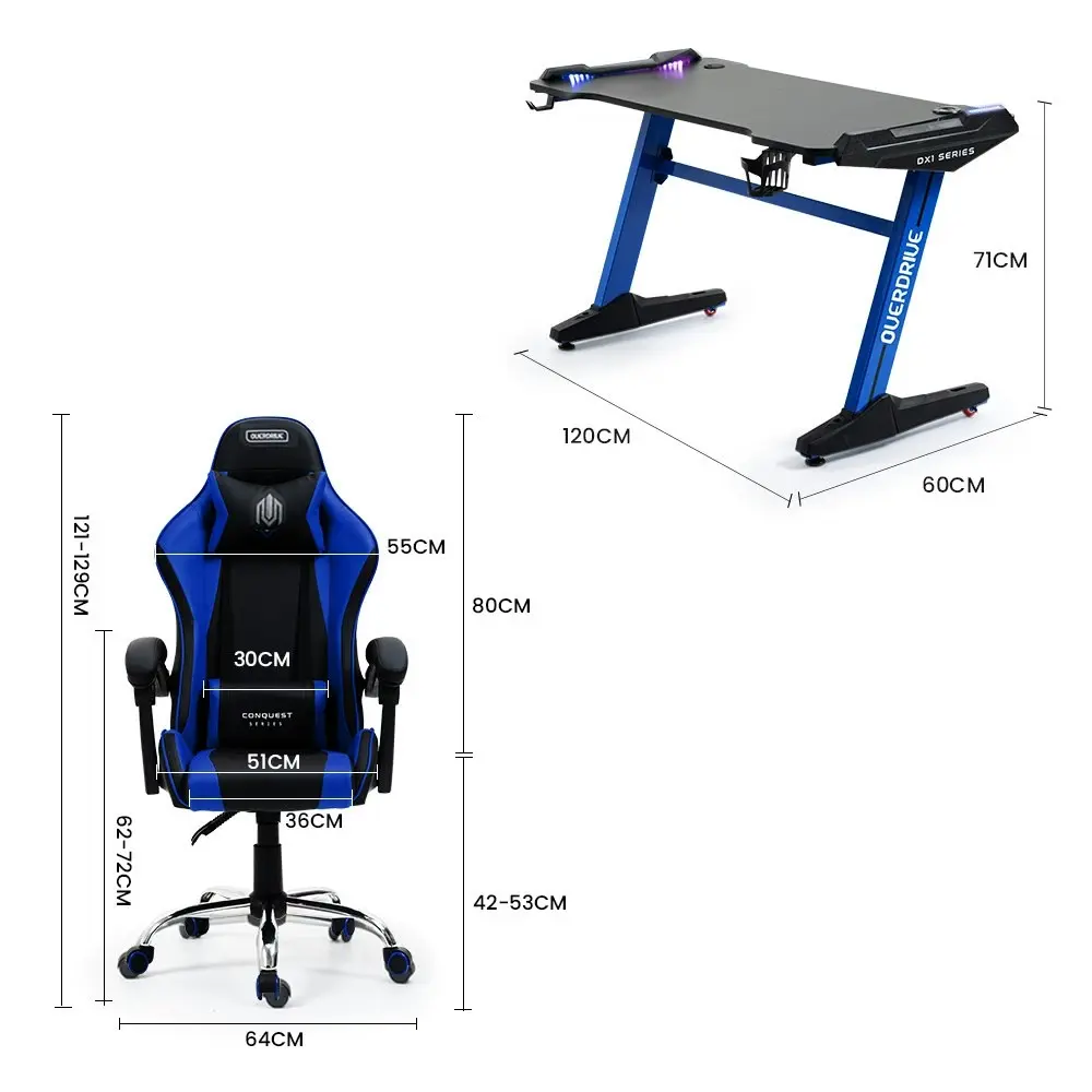 Overdrive Gaming Office Chair and Desk Combo, LED-FX Light Effects, USB Outlets, Headset Hanger, Cup Holder, Black/Blue