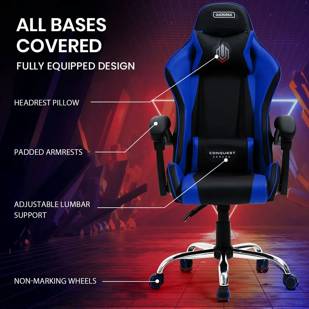 Overdrive Gaming Office Chair and Desk Combo, LED-FX Light Effects, USB Outlets, Headset Hanger, Cup Holder, Black/Blue