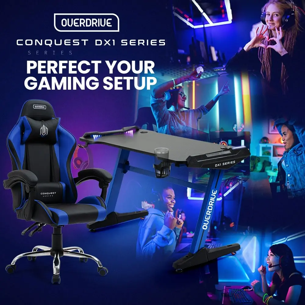 Overdrive Gaming Office Chair and Desk Combo, LED-FX Light Effects, USB Outlets, Headset Hanger, Cup Holder, Black/Blue