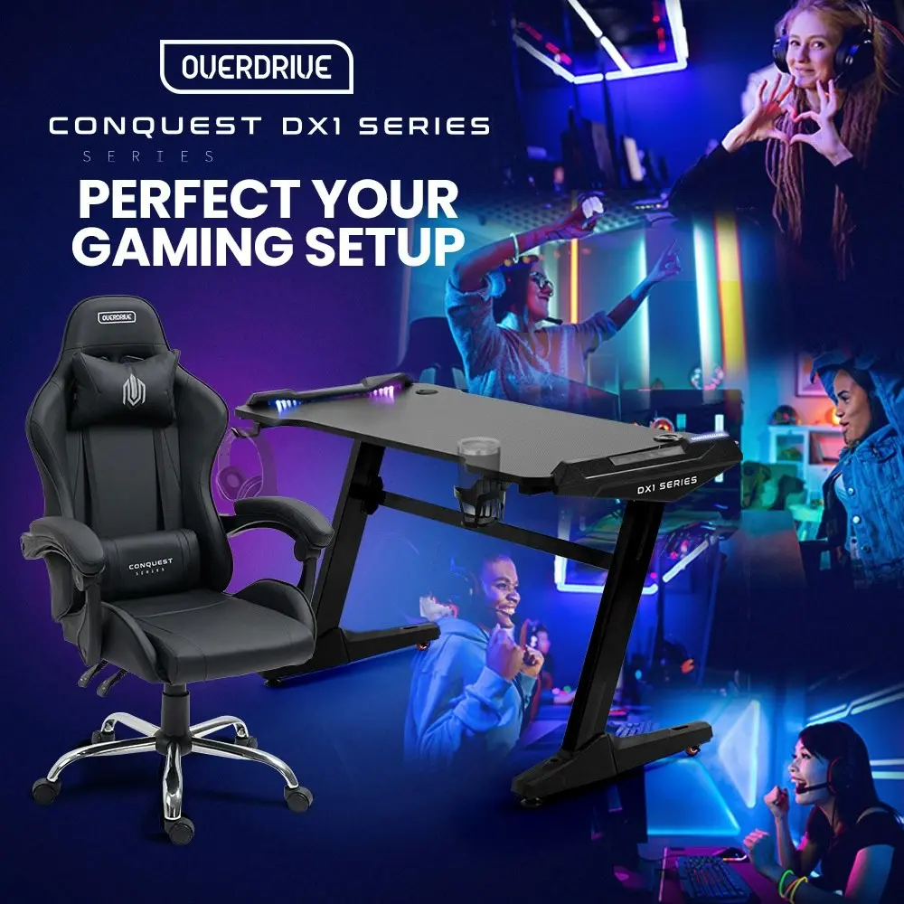 Overdrive Gaming Office Chair and Desk Combo, LED-FX Light Effects, USB Outlets, Headset Hanger, Cup Holder, Black