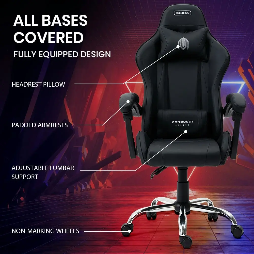 Overdrive Gaming Office Chair and Desk Combo, LED-FX Light Effects, USB Outlets, Headset Hanger, Cup Holder, Black