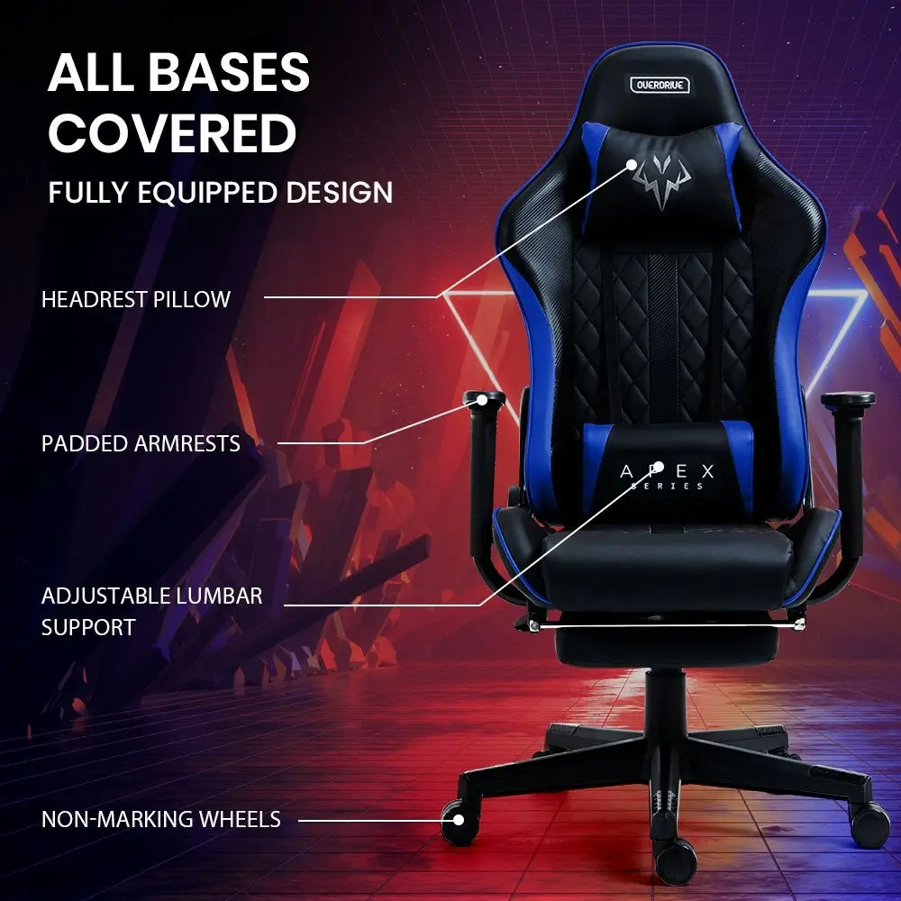 Overdrive Gaming Office Chair and Desk Combo, LED-FX Light Effects, USB Outlets, Headset Hanger, Cup Holder and Footrest, Black/Blue