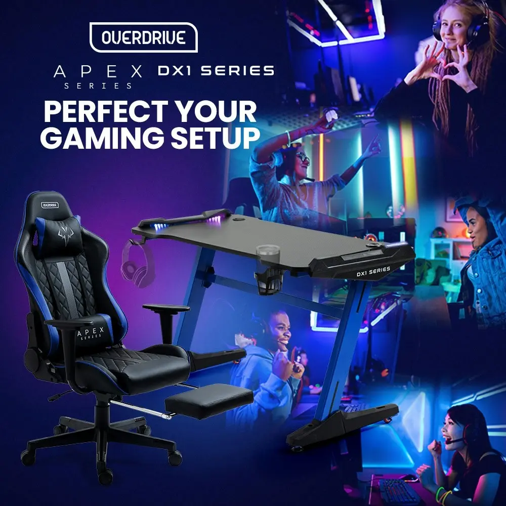 Overdrive Gaming Office Chair and Desk Combo, LED-FX Light Effects, USB Outlets, Headset Hanger, Cup Holder and Footrest, Black/Blue