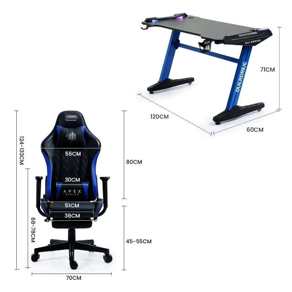 Overdrive Gaming Office Chair and Desk Combo, LED-FX Light Effects, USB Outlets, Headset Hanger, Cup Holder and Footrest, Black/Blue