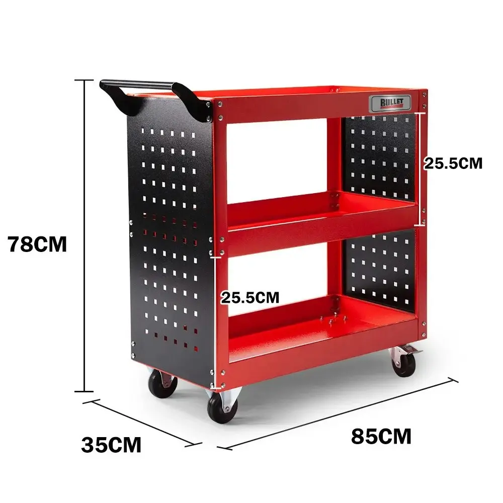 Bullet 3-Tier Steel Tool Trolley Cart for Workshop, Mechanic, with Pegboard, Screwdriver Bay, Red