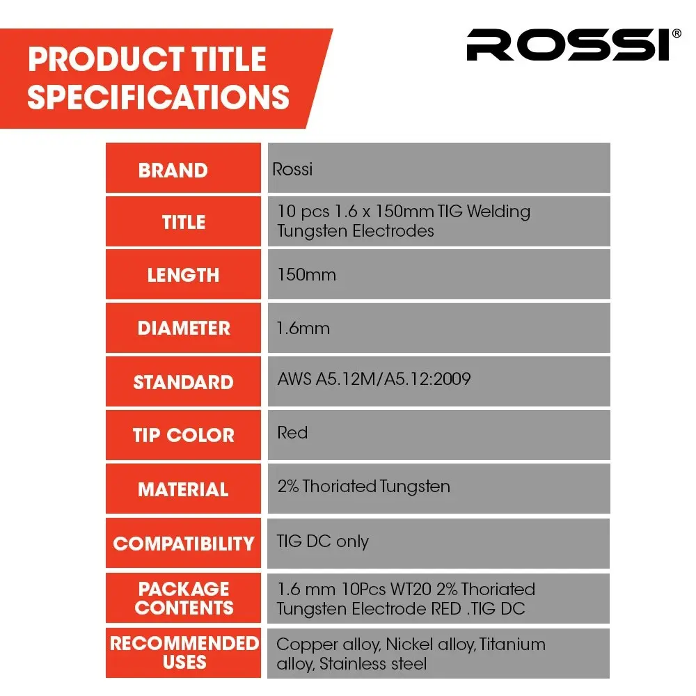 Rossi 10pc 1.6mm x 150mm TIG Welding Tungsten Electrodes , for Copper Alloy, Nickel Alloy, Titanium Alloy, Stainless Steel