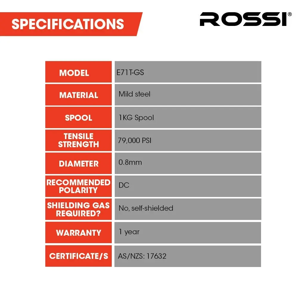 Rossi 0.8mm 1kg Flux Core Gasless MIG Welding Wire, Self-Shielded, Excellent for Outdoor Use