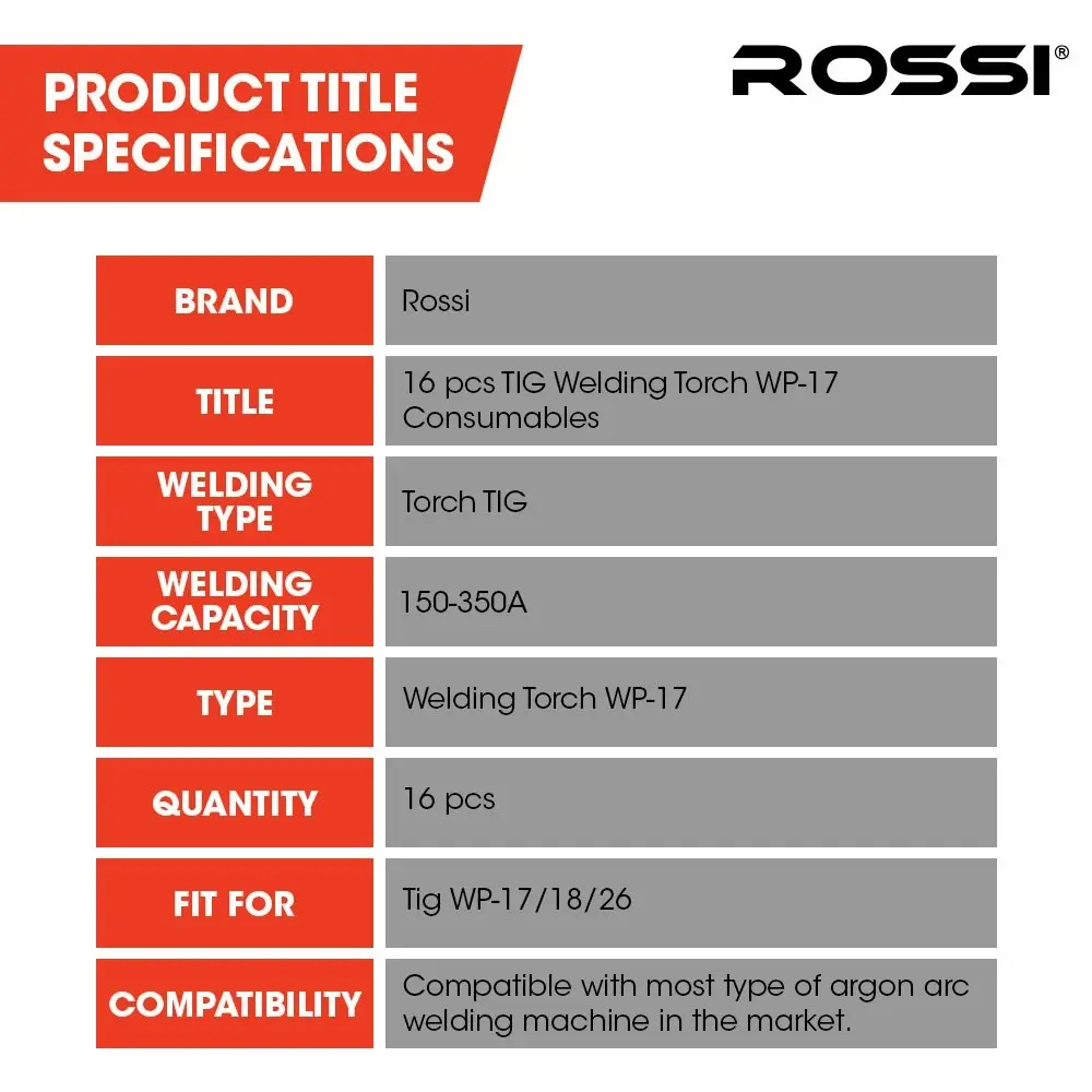 Rossi 16pc Welding Consumables Kit to Suit 17/18/26 TIG Torch, Includes Alumina Nozzle Cups, Collets