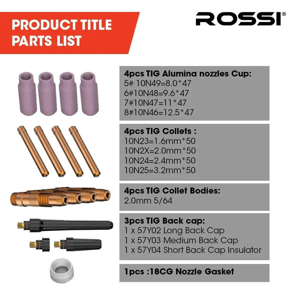 Rossi 16pc Welding Consumables Kit to Suit 17/18/26 TIG Torch, Includes Alumina Nozzle Cups, Collets