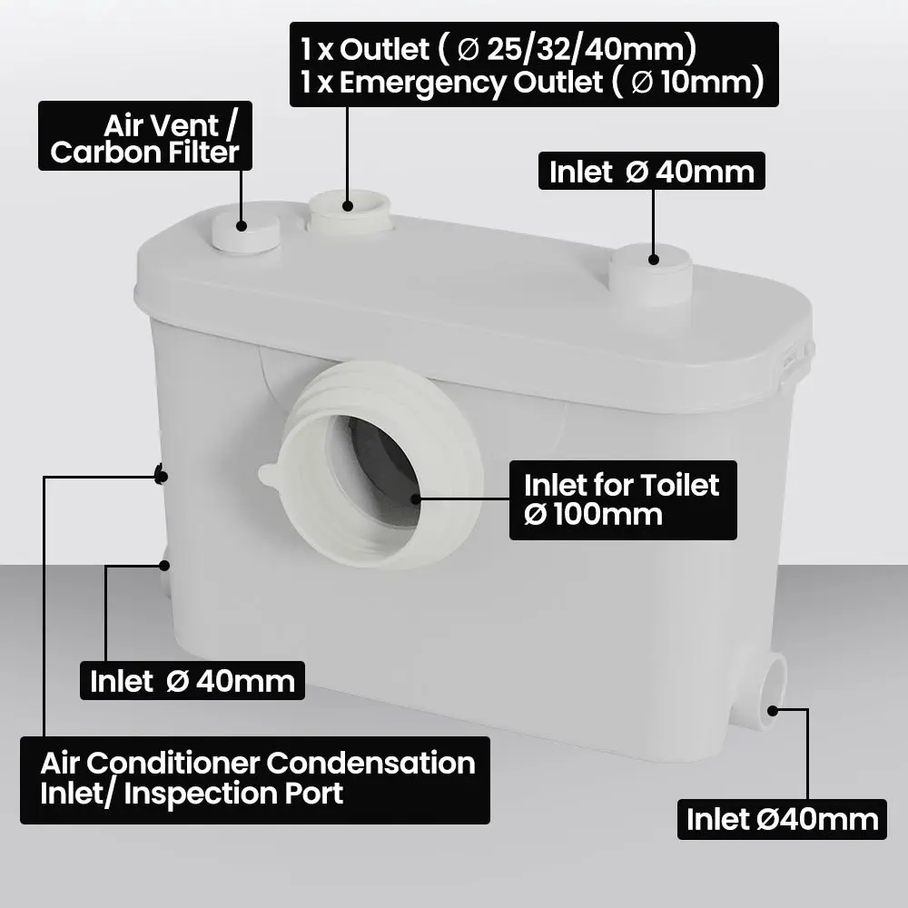 Protege Macerator Pump, with 4 Inlet, for P-Trap Toilet, House, Bathroom, Shower, Sink, Washing Machine