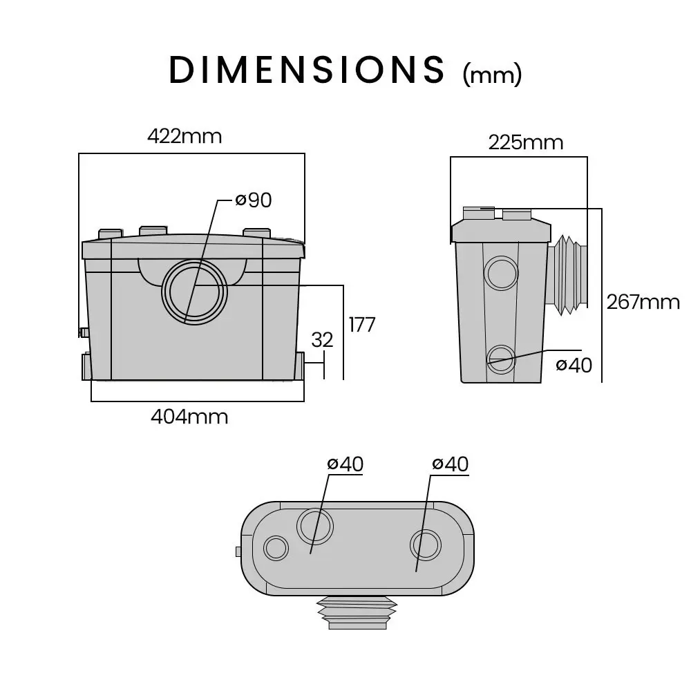 Protege Macerator Pump, with 4 Inlet, for P-Trap Toilet, House, Bathroom, Shower, Sink, Washing Machine