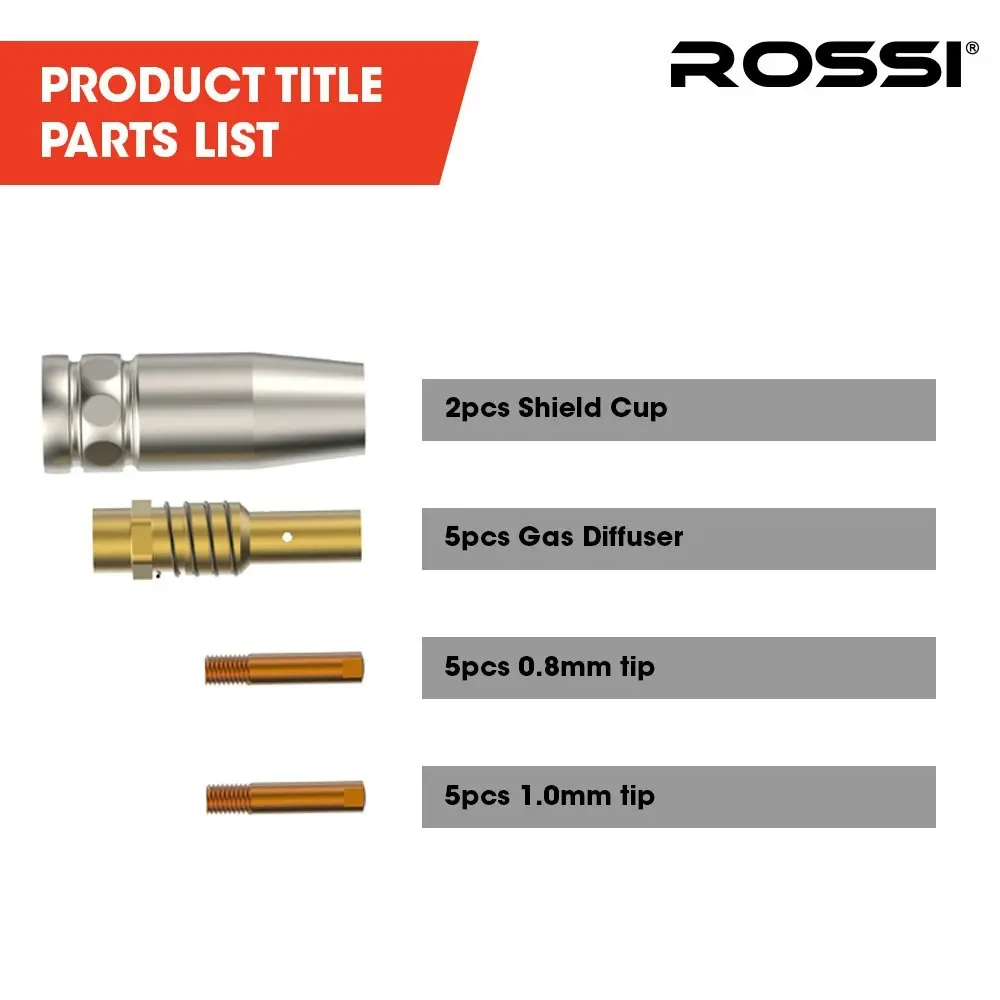 Rossi 17pc Welding Consumables Kit to Suit MIG/MAG 14-15AK Torch, Includes Shield Cups, Gas Diffusers