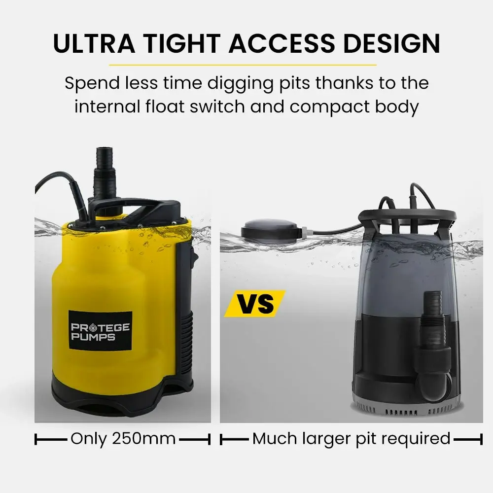 Protege Tight Access Dirty Water Submersible Sump Pump, Integrated Float Switch