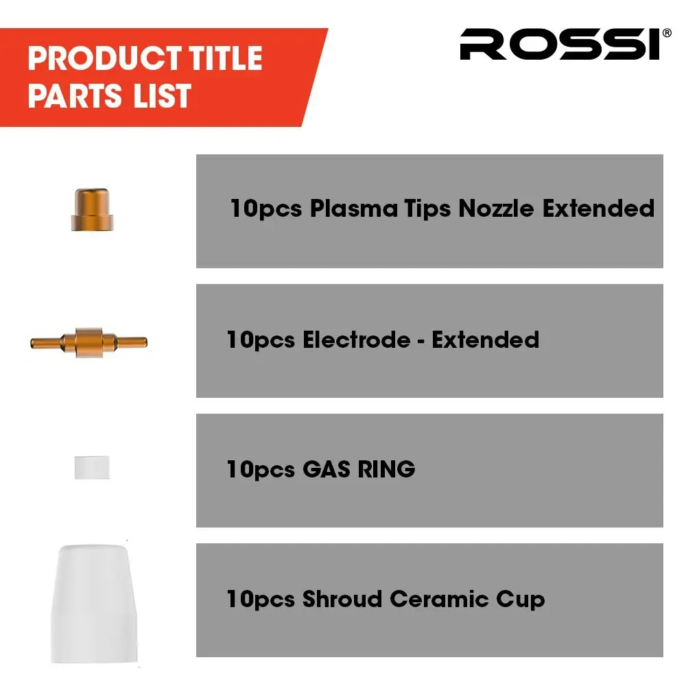 Rossi 40pc Consumables Kit to Suit PT-31 Plasma Cutter Torch, Includes Tips Nozzle Extended, Gas Rings