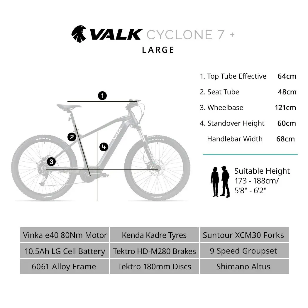 Valk Cyclone 7+ Electric Mountain Bike Hardtail Mid-Drive eMTB, Large Frame Dark Grey