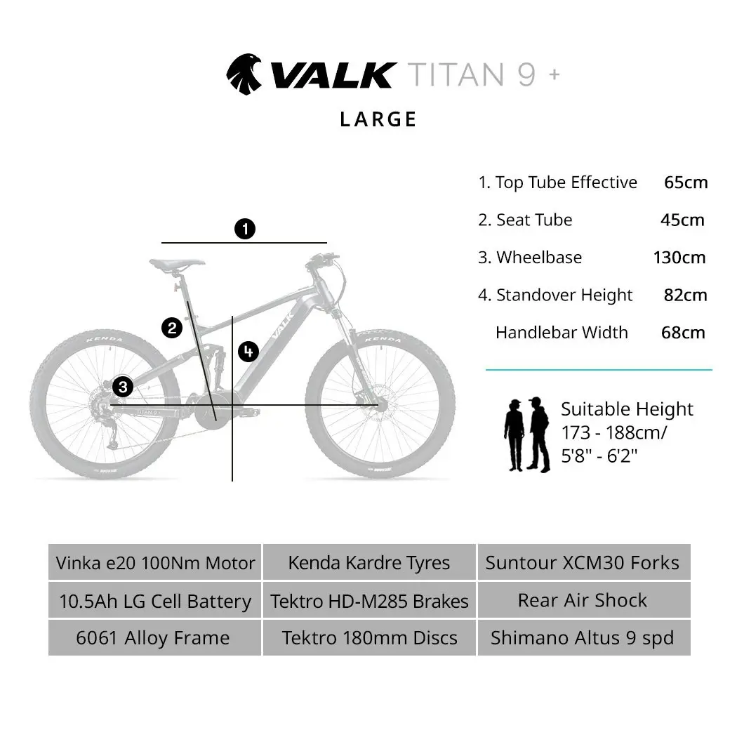 Valk Titan 9+ Electric Mid Drive Dual Suspension Mountain Bike eMTB, Large Frame, Dark Grey