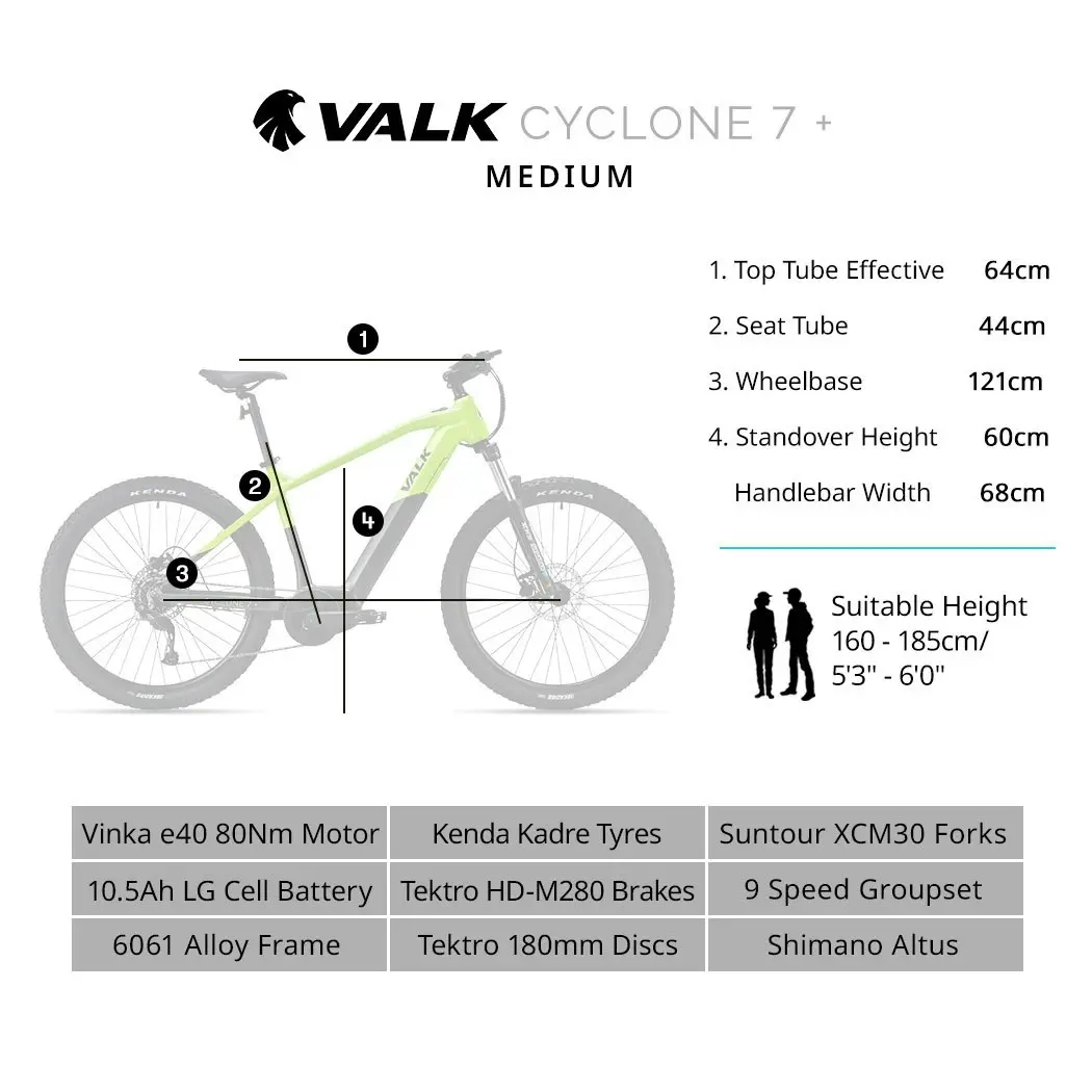 Valk Cyclone 7+ Electric Mountain Bike Mid-Drive Hardtail eMTB, Medium Frame Black/Lime