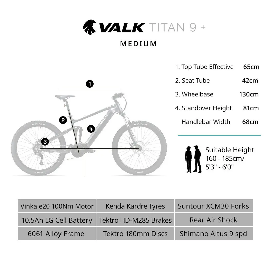 Valk Titan 9+ Electric Dual Suspension Mid Drive Mountain Bike eMTB, Medium Frame, Dark Grey