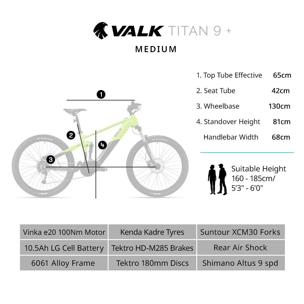 Valk Titan 9+ Electric Dual Suspension Mid Drive Mountain eMTB Bike, Medium Frame, Black/Lime