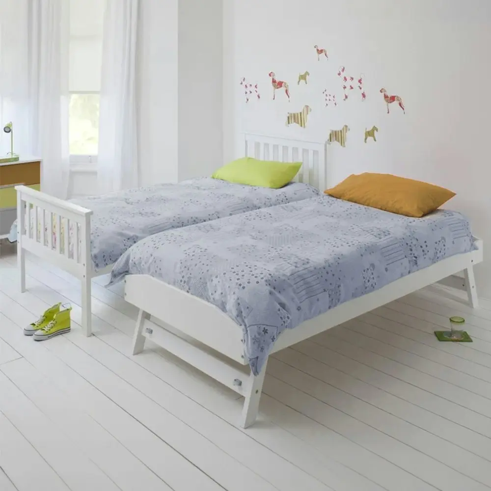 Kingston Slumber Wooden Single Bed Frame w/ Pop Up Trundle, for Kids Bedroom, White