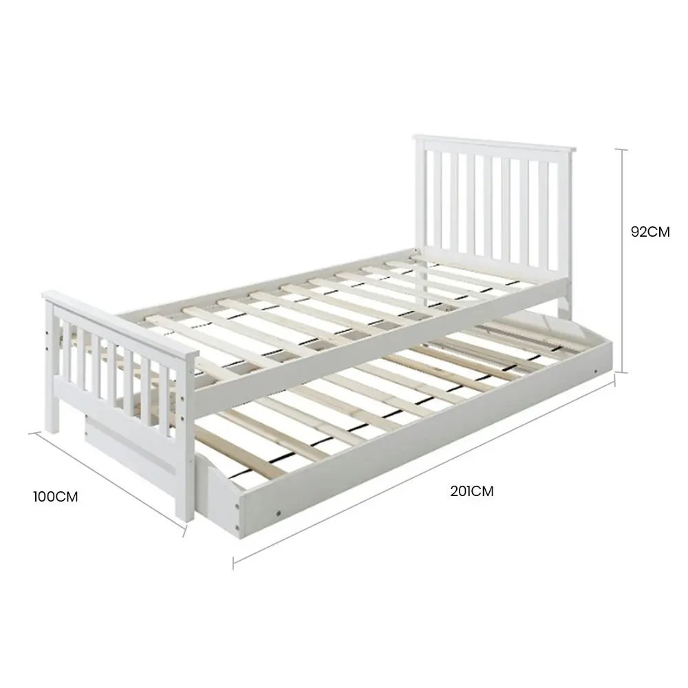 Kingston Slumber Wooden Single Bed Frame w/ Pop Up Trundle, for Kids Bedroom, White