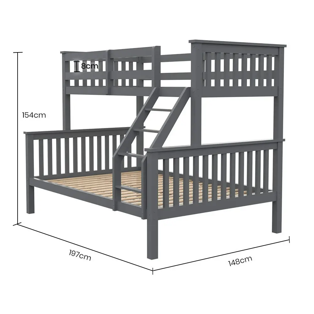 Kingston Slumber Bunk Bed Triple Wooden Single Over Double Beds for Kids, Solid Pine Wood, Convertible Design, Grey