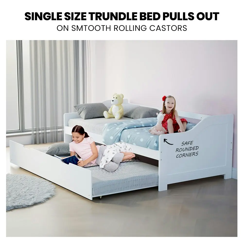 Kingston Slumber Wooden Single Sofa Bed Frame with Trundle Underbed - White