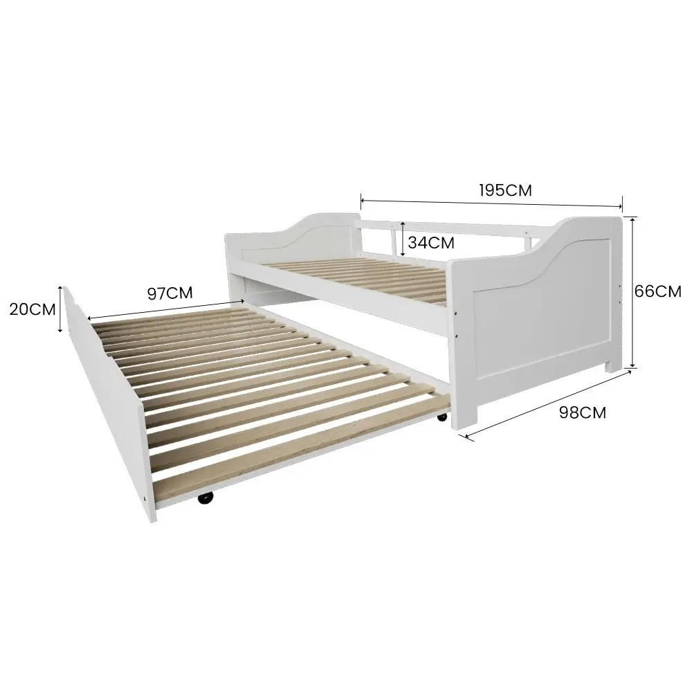 Kingston Slumber Wooden Single Sofa Bed Frame with Trundle Underbed - White