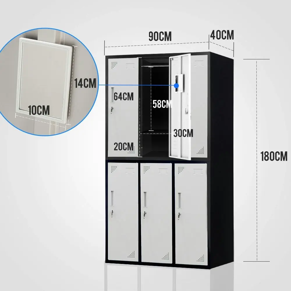 Fortia 6 Door Metal Storage Cabinet Lockers for Gym Office - Black and Grey