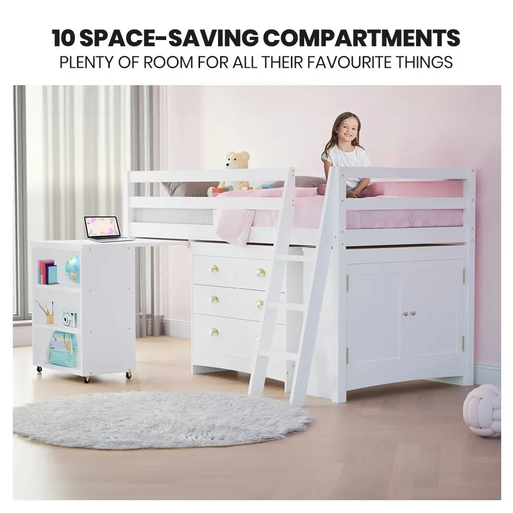 Kingston Slumber Wooden Kids Single Loft Bed Frame with Pull Out Desk, Storage Drawers, Cabinet - White