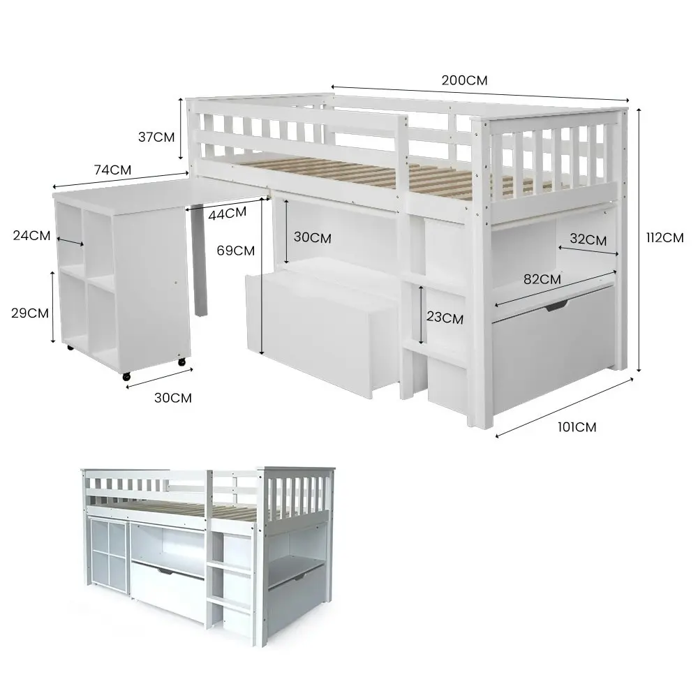 Kingston Slumber Wooden Kids Single Loft Bed Frame with Pull Out Desk, Storage Drawers - White