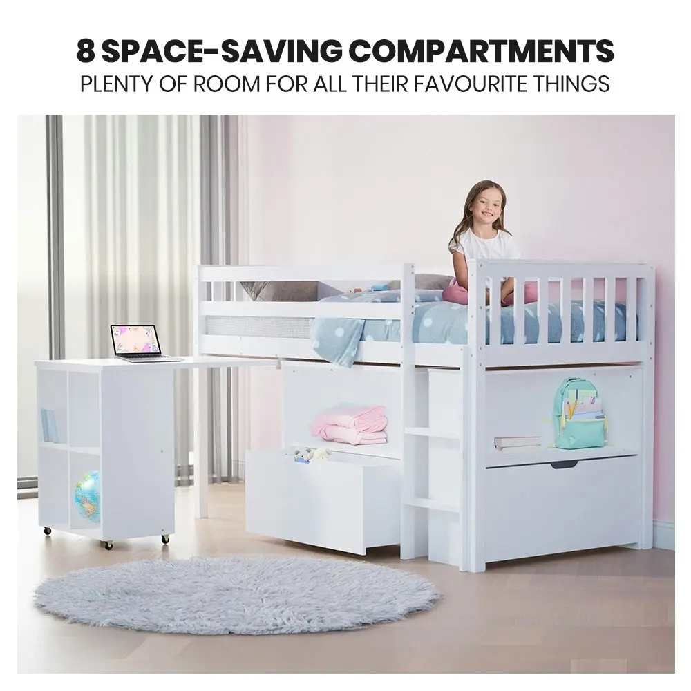 Kingston Slumber Wooden Kids Single Loft Bed Frame with Pull Out Desk, Storage Drawers - White