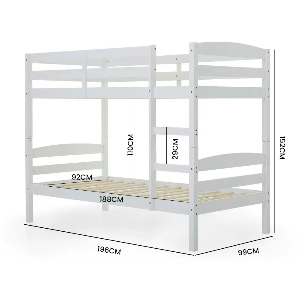 Kingston Slumber Single Bunk Bed Frame, Solid Pine 2-in-1 Modular Design, White