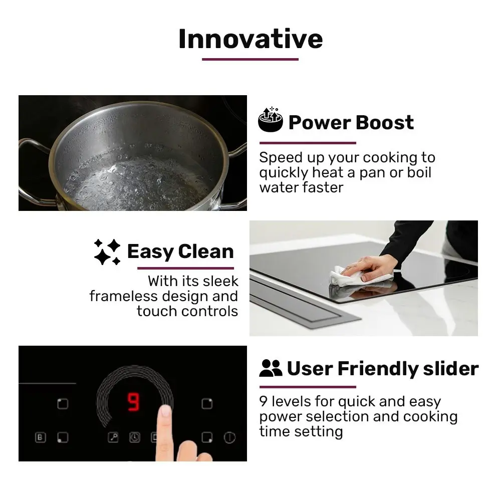 EuroChef 60cm 4 Zone Induction Cooktop, 7200W Electric, FlexZone Function, Touch Controls