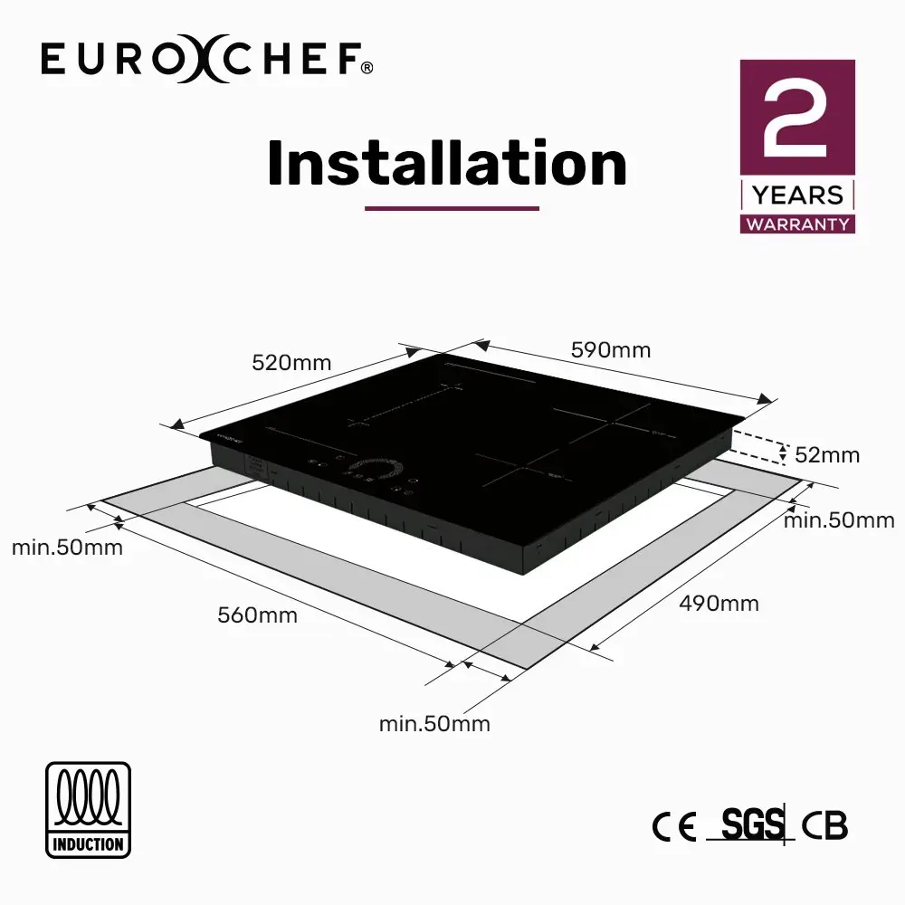 EuroChef 60cm 4 Zone Induction Cooktop, 7200W Electric, FlexZone Function, Touch Controls