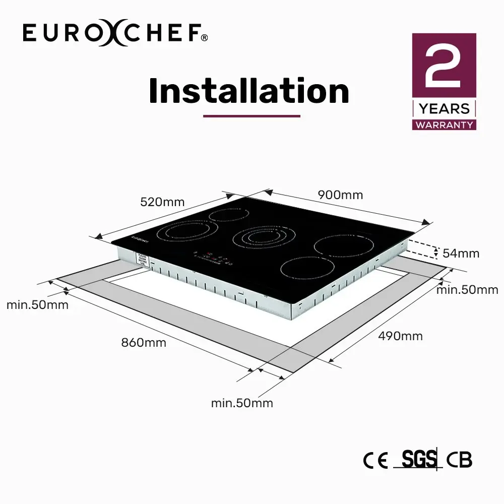 EuroChef 90cm 5 Zone Ceramic Cooktop, 8900W Electric, FlexiZone Adjustable Size Hobs, Touch Controls