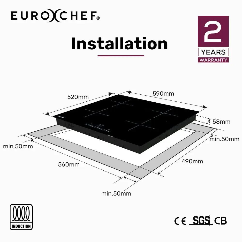 EuroChef 60cm 4 Zone Induction Cooktop, 6800W Electric, Touch Controls