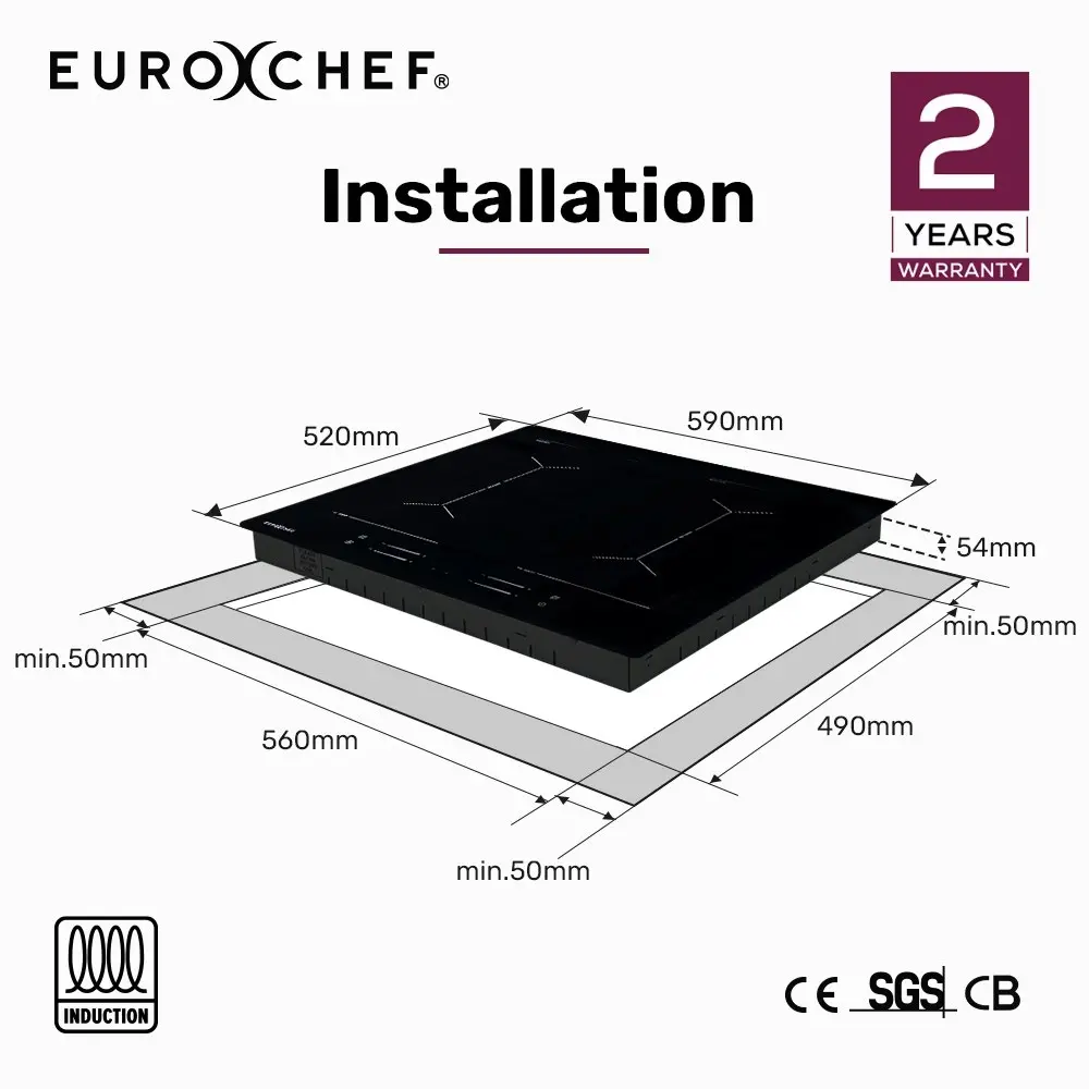 EuroChef 60cm 4 Zone Induction Cooktop, 7200W Electric, Dual Link Bridged Zone Hobs, Touch Controls